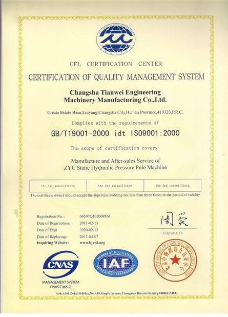 Chine Changsha Tianwei Engineering Machinery Manufacturing Co., Ltd. Certifications